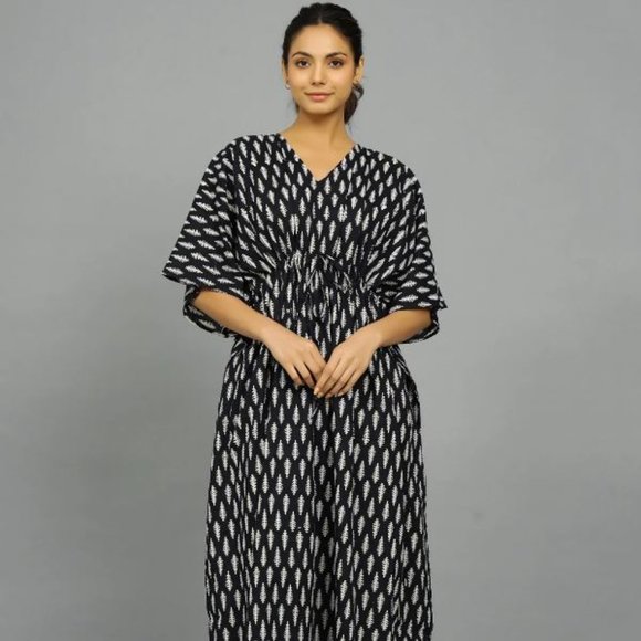 Black Print Caftan 100% Cotton Handmade Bikini Cover Up Caftan Night Wear Caftan - Picture 1 of 4